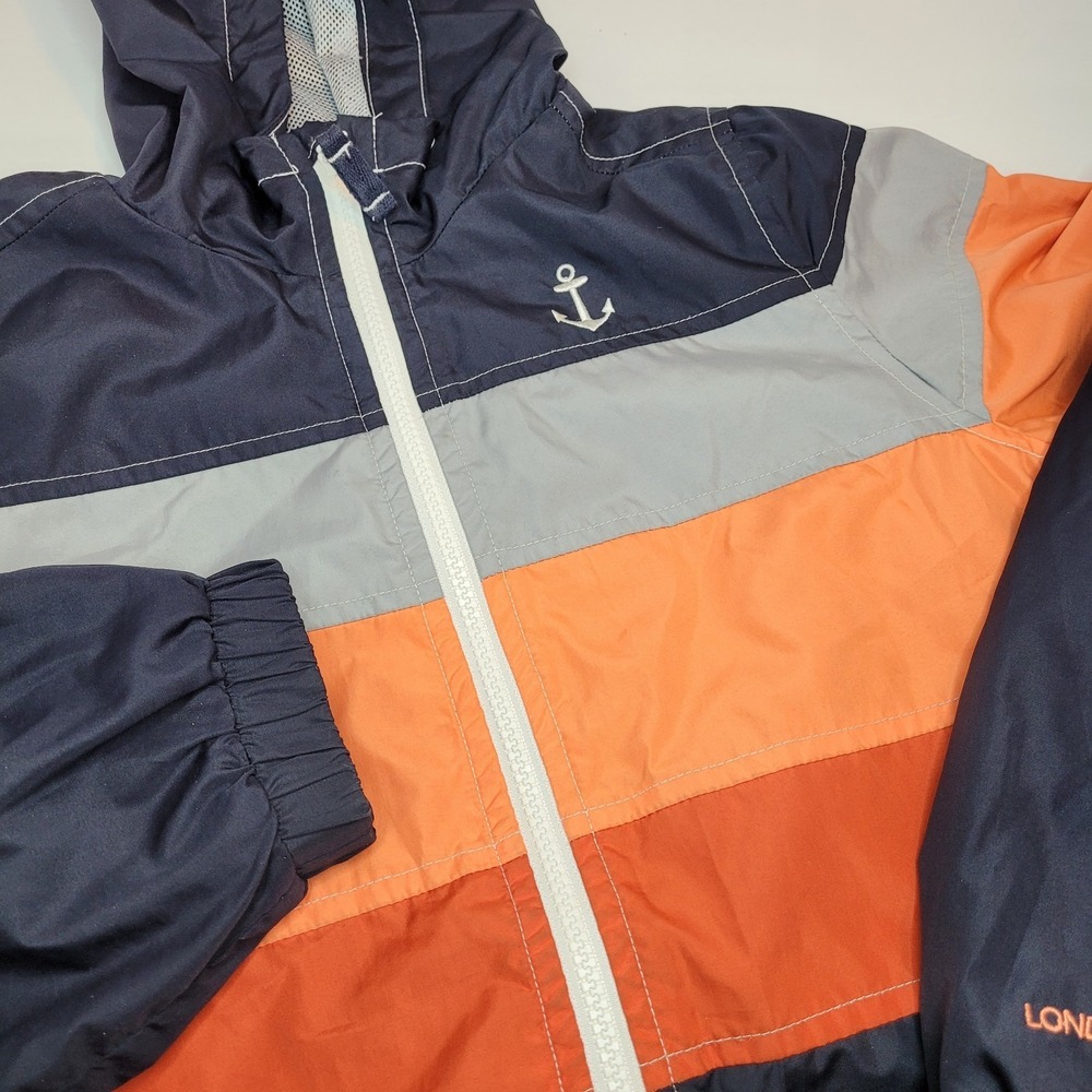London Fog Windbreaker Boys M 10-12 Navy Orange Excellent Nautical Rain Jacket